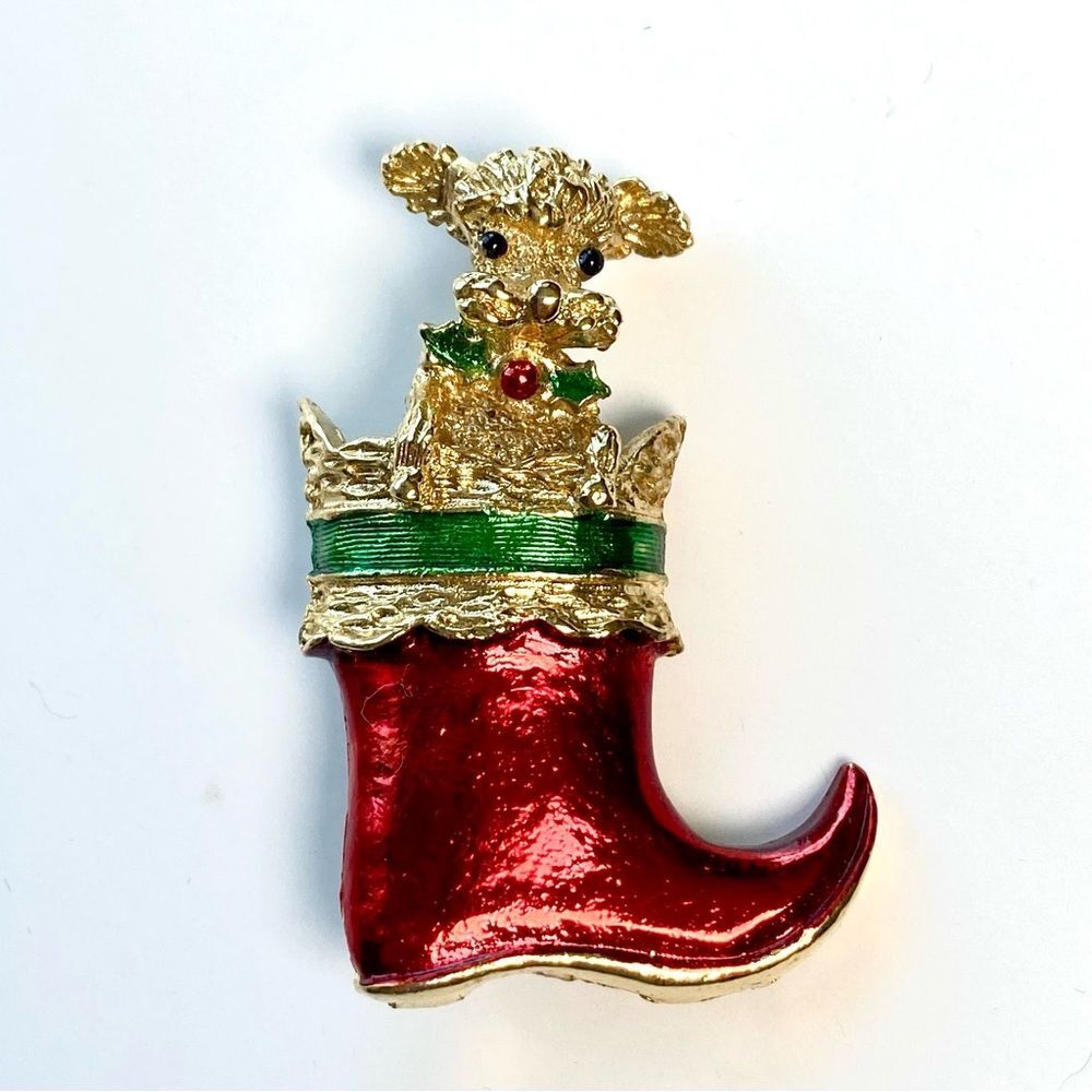 Gerry’s Christmas Puppy in Stocking Vintage Pin Poodle in Red Boot Book Piece
